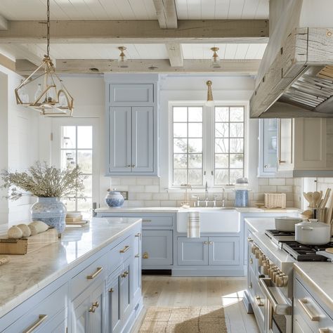 Light and Airy Coastal Kitchen: A Timeless Trend - Lainey May Home Pale Blue Kitchen Cabinets, Beach Kitchen Ideas Coastal Colors, Resurface Cabinets, Light Blue Kitchen Ideas, Light Blue Kitchen Cabinets, French Blue Kitchen, Paint Pallette, Modern Coastal Kitchen, Kitchen Design Tips