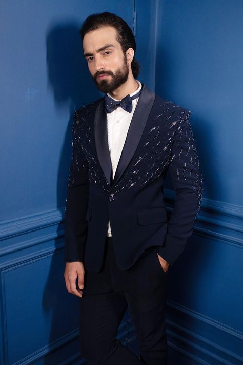 Buy Contrast By Parth Black Japanese Suiting Embroidered Tuxedo And Pant Set Online | Aza Fashions Embroidered Tuxedo Men, Engagement Suits, Embroidered Tuxedo, Pintuck Shirt, Black Tuxedo Suit, Cutdana Work, Black Japanese, Embroidery Suit, Embroidered Shawl