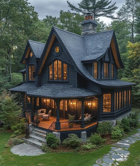 Unique Home Designs Exterior, Dark Craftsman House, Small Countryside House, 90s Home Exterior, Forest Green House Exterior, Black Houses Exterior, The Notebook House, Bloxburg House Inspiration, Victorian Home Exterior