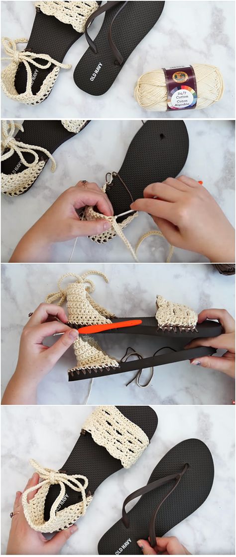 Crochet Sandals With Flip Flop Soles – Easy Tutorial pattern Rajutan Sandal, Sandal Rajut, Crochet Flip Flops, Pattern Flip Flops, Diy Sandals, Crochet Shoes Pattern, Pretty Sandals, Crochet Geek, Crochet Sandals