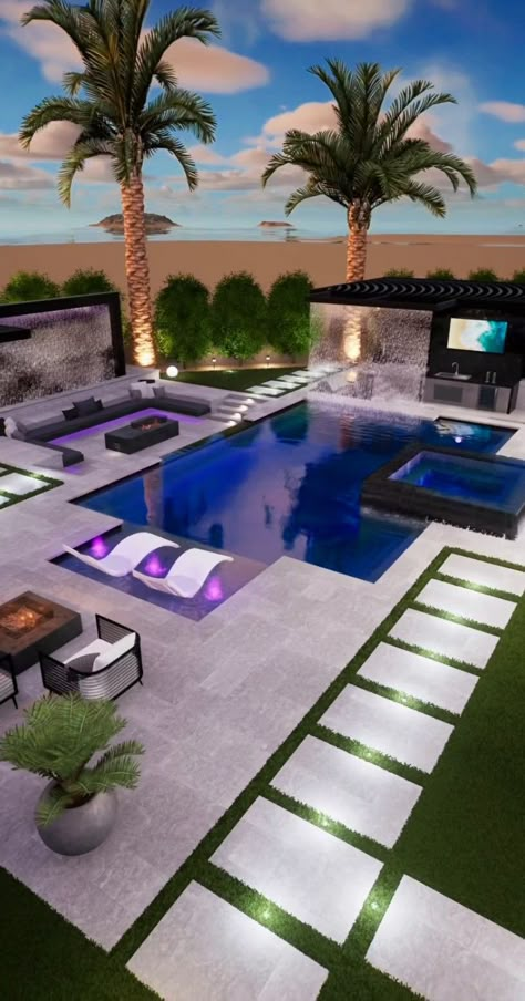 Luxury Garden With Pool, Cute Backyard Ideas With Pool, Contemporary Pool Design Backyard, Pool Design Ideas Backyards, Backyard Luxury Design, Landscape Pool Design, Modern Pool Backyard Design, Backyard Inspo Patio With Pool, Backyard Goals Luxury