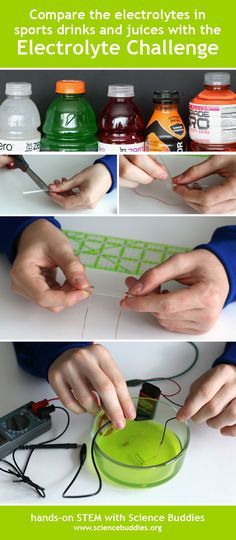 "Compare Sports Drinks with the Electrolyte Challenge": in this chemistry project, students use a simple circuit and a homemade sensor to investigate the electrolytes in various sports drinks and juices. Source: Science Buddies, http://www.sciencebuddies.org/blog/2016/01/comparing-sports-drinks-with-electrolyte-challenge.php Sports Related Science Fair Projects, Science Club Activities Middle School, Challenge A Science Fair Ideas, High School Stem Projects, Sports Science Fair Projects, Stem Fair Project Ideas, 8th Grade Science Fair Projects, Stem Fair Projects, High School Science Fair Projects