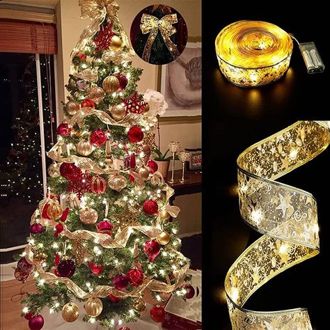 Gold Christmas Tree Decorations, Bow Light, Holiday Christmas Party, Indoor String Lights, Ribbon On Christmas Tree, Holiday Christmas Tree, Fairy String Lights, Eid Al Adha, Christmas Ribbon