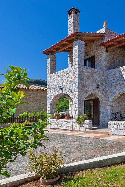 Enjoy the green #surrounding, full of trees and flowers, of a #traditional stone-built Villa next to the Cretan #nature! #crete #villa #travel #holidays #view #garden #grass #flowers #trees #stone #TheHotelgr Greek Exterior, Stone Villa, Crete Chania, Stone Exterior Houses, Grass Flowers, Villa Luxury, Garden Grass, Trees And Flowers, Earth Sheltered