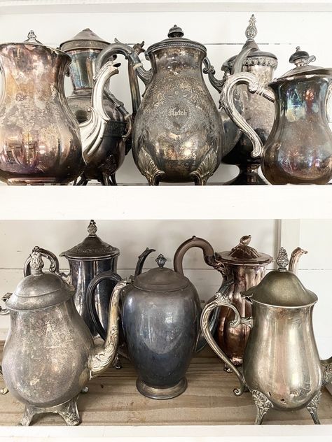 How To Display Silver Tea Service, Silver Tea Pot Centerpieces, Elegant Vintage Home Decor, Silver Teapot Centerpiece, Silver Tea Pot Repurposed, Vintage Silver Teapot, Tarnished Silver Decor, Silver Teapot Decor, Painted Silver Tea Sets