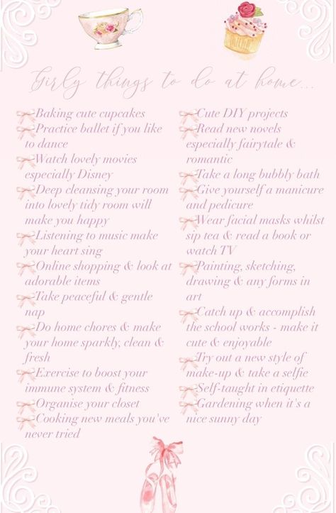 Pink Pilates Princess Affirmations, Feminine Hobbies List, Princess Things To Do, Coquette To Do List, How To Be A Girly Girl, Princess Hobbies, Pastel Princess Aesthetic, Girly Things To Do, Girly Habits