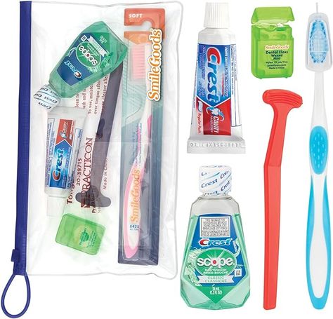 Travel Kit Includes: A425 SmileGoods toothbrush with an ergonomic non-slip grip, multi-level ortho-friendly bristles and a vented toothbrush cover, SmileGoods waxed mint floss, 1.5 oz bottle of Scope mouthwash, 0.85 oz. tube of Crest toothpaste and plastic tongue cleaner. Childrens Vitamins, Crest Toothpaste, Brush Teeth Kids, Tongue Cleaner, Sonic Toothbrush, Dental Floss, Care Kit, Mouthwash, Oral Hygiene