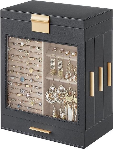 SONGMICS Jewelry Box with Glass Window, 5-Layer Jewelry Organizer with 3 Side Drawers, Jewelry Storage, with Vertical Storage Space, Big Mirror, Modern Style, Gray and Gold Color UJBC162G01 : Amazon.ca: Clothing, Shoes & Accessories Home Goods Furniture, Side Drawers, Amazon Jewelry, Big Mirror, Tray Design, Gold Sign, Sparkle Jewelry, Vertical Storage, Jewelry Armoire