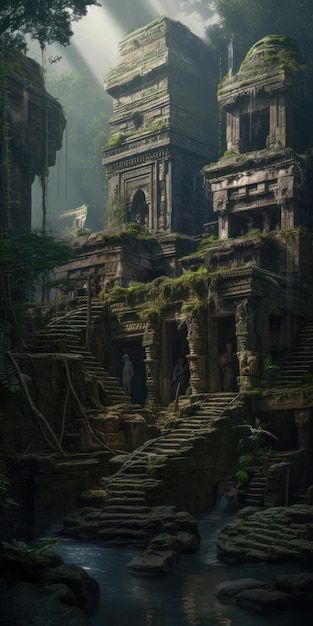 Premium Photo | The Jungle Temple An ancient and sacred architecture hidden in the middle of the forest Max Hay, Villain Reference, Story Setting Ideas, Jungle Ruins, Forest Temple, Minecraft Underground, Lost Temple, Sims Building Ideas, Old Temple