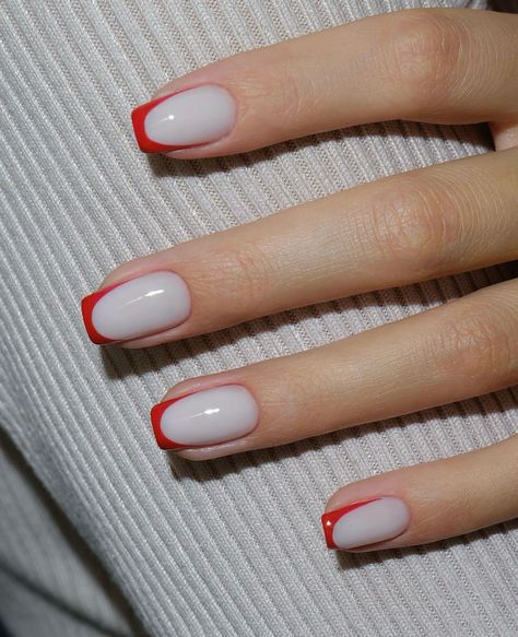 French Nails With Red, French Red Nails, French Nails Red, Red Nails French, Red French Nails, Red French Tips, Summer Nails 2024, Cute Nail Colors, Punk Nails