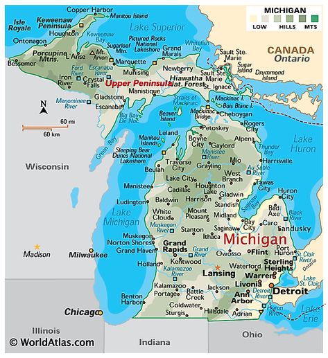 Physical Map of Michigan America Outline, Copper Harbor Michigan, Great Lakes Michigan, Usa Maps, Nature Lessons, Map Of Michigan, Michigan Map, Copper Harbor, 2023 Vacation