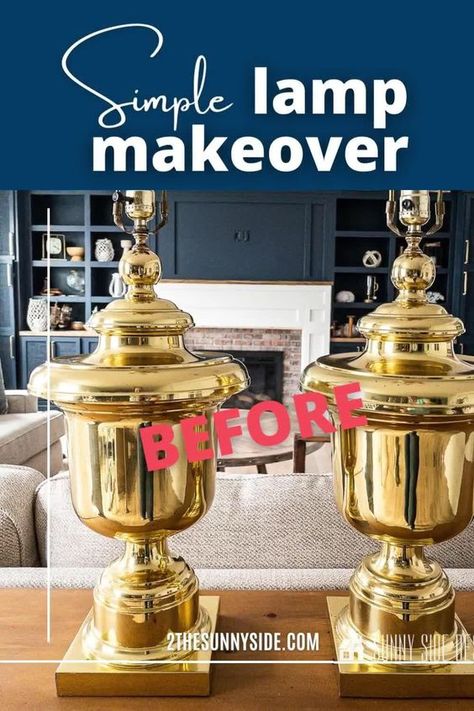 Try this quick and easy brass lamp makeover with spray paint and white wax. A Pottery Barn dupe with a pair of vintage brass lamps has the look and feel of the Faris ceramic table lamp. Classic modern farmhouse look. This diy can be completed in an afternoon, dramatic before and after makeover. Perfect quick diy makeover for a desk or table lamp #lampmakeover # easylampdiy #beforeandafterdiy Painted Brass Lamps, Lamp Bases Ideas Diy, Painting Brass Lamps, Lamp Makeover Before And After, Lamp Makeover Diy, Brass Lamps Vintage, Lamp Makeover Ideas, Brass Lamp Makeover, Refurbished Lamps