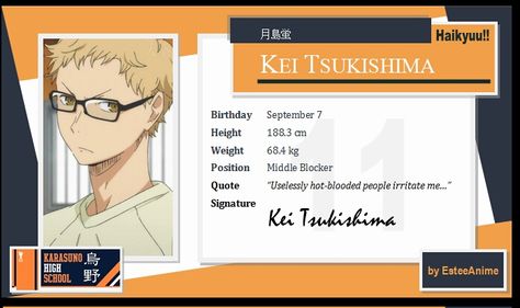 Haikyuu Characters Cards, Character Info, All My Friends Are Dead, Identity Card Design, Kei Tsukishima, Character Sheet Template, Haikyuu Tsukishima, Character Card, Japanese Stuff