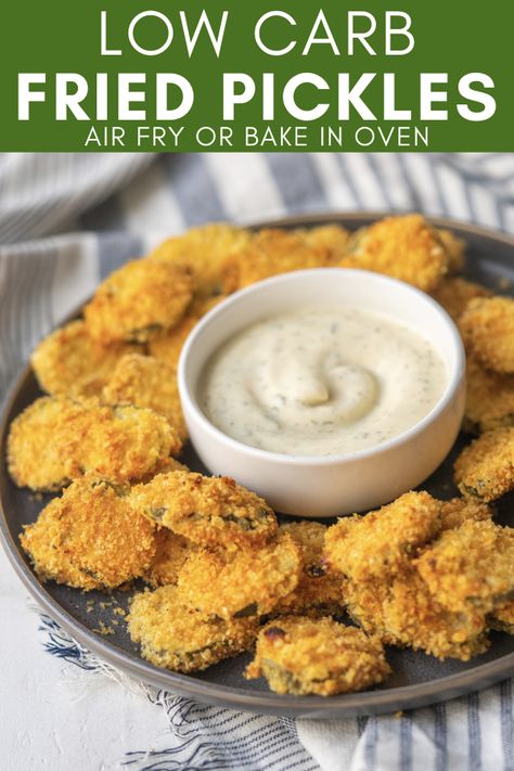 These Low Carb Fried Pickles are a delicious and crispy Whole30 and paleo appetizer! They can be made in the air fryer or oven in less than 20 minutes. Healthy Fried Pickles, Low Carb Fried Pickles, Keto Fried Pickles, Paleo Appetizer, Deep Fried Pickles, Homemade Pita Chips, Whole 30 Snacks, Keto Snack Recipes, Paleo Appetizers