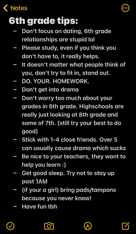 This list would have helped me in 6th grade. Plus, if you're going into 7th or 8th most things are the same :) 6th Grade Essentials, Things For 6th Grade, Goals For 8th Grade, Tip For 6th Grade, Goals For 6th Grade, How To Get Better Grades Middle School, 6 Grade Tips, 6th Grade Survival Kit, How To Get A 4.0 Gpa In High School