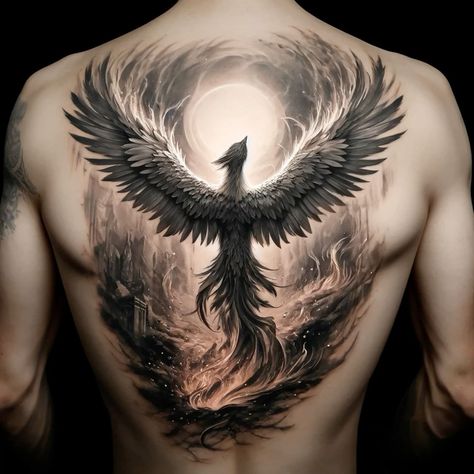 Realism Phoenix Tattoo, Phoenix Back Tattoos, Phoenix Back Tattoo For Men, Rising Phoenix Tattoo Men, Fenix Bird Tattoo, Phoenix Tattoo Back, Fenix Tattoo Design, Dragon And Phoenix Tattoo, Feniks Tattoo