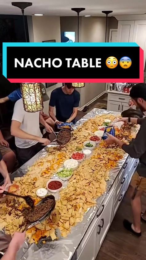 Kitchen Island Nacho Bar, Giant Nacho Table, 123123 Party, Dip Night With Friends, Table Dump Dinners, Nacho Party Table, Dump Dinners On Table, Friend Compound, Nachos Table Party