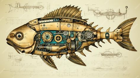 Premium AI Image | illustration Fish steampunk old paper poster look Steampunk Fish, Illustration Fish, Mechanical Animals, Steampunk Industrial, Steampunk Design, Smart Gadget, Mandala Dots, Paper Poster, Old Paper