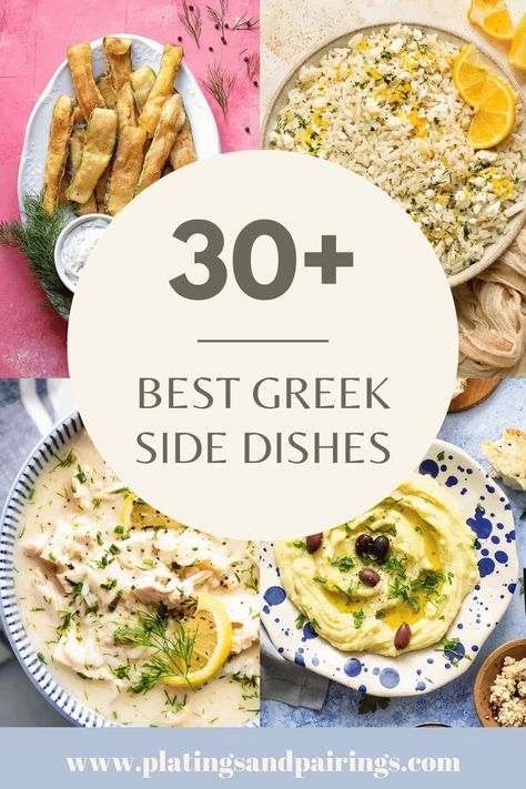 Looking for some tasty Greek side dish recipes? There are so many great options! From rice dishes, to veggies, dips and more! Here are 30+ of the BEST side dishes with a mediterranean flair. Side For Greek Chicken, Greek Potluck Dishes, Greek Inspired Side Dishes, Greek Dinner Side Dishes, Greek Chicken Side Dish, Side Dishes Mediterranean, Greek Side Dish Recipes, Side Dish For Gyros, Easy Greek Dishes