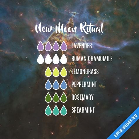 Blend Recipe: 4 drops Lavender, 4 drops Roman Chamomile, 3 drops Lemongrass, 3 drops Peppermint, 3 drops Rosemary, 3 drops Spearmint New Moon Ritual, Celtic Pagan, Essential Oil Combinations, Essential Oil Diffuser Blends Recipes, Moon Ritual, Magic Witch, New Moon Rituals, Essential Oils Herbs, Essential Oil Diffuser Recipes