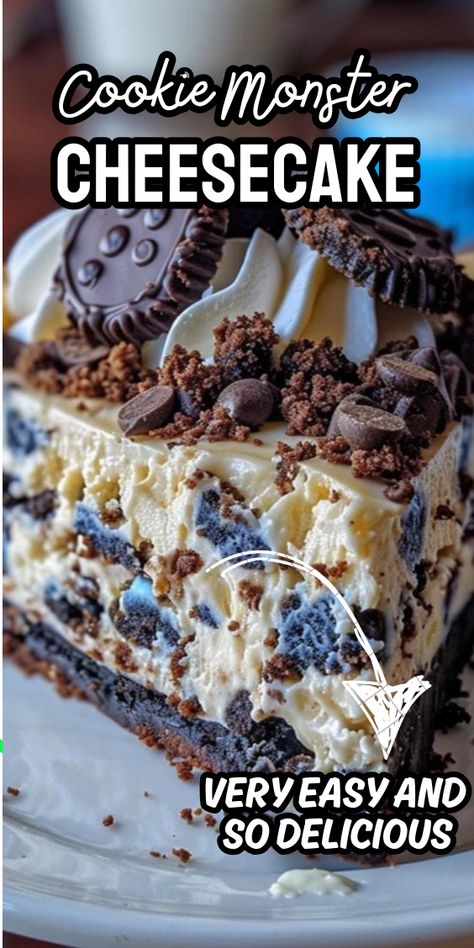 Cookie Monster Cheesecake Cookie Monster Cheesecake Recipe, Cookie Monster Cheesecake, Monster Cookie Bars Recipe, Baking Cakes Ideas, Brownie Desserts Recipes, Cookie Toppings, Easy Cheesecake Recipes, Easy Cheesecake, Creamy Cheesecake