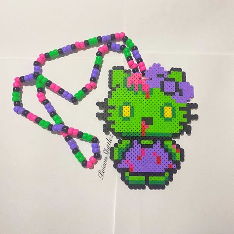 Custom Hello Kitty Necklace Zombie Version I Have Others Listed Too. Pendent Is About 6in Tall And 4in Wide. Necklace Part Can Be 14-15in Long. Emo Gumball, Kandi Hello Kitty, Fused Beads Patterns, Cute Perler Bead Ideas, Rave Crafts, Small Perler Bead Patterns, Zombie Hello Kitty, Kawaii Kandi, Perler Bead Crafts