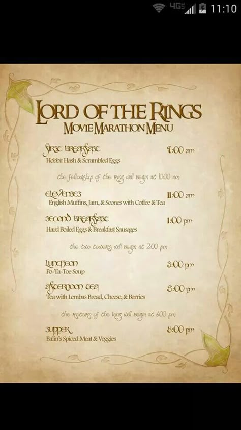 Lord Of The Rings Movie Marathon Food, Lord Of The Rings Second Breakfast, Lord Of The Rings Recipes Meals, Hobbit Meal Times, Lotr Movie Marathon Food, Lord Of The Rings Marathon Ideas, Lord Of The Rings Meal Plan, Hobbit Meals Schedule, Lord Of The Rings Movie Night Food