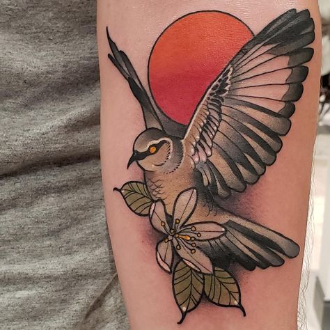 Traditional Mockingbird Tattoo, Mockingbird Tattoo Ideas, Mocking Bird Tattoo, Fl Tattoo, Mockingbird Tattoo, Florida Tattoo, Orlando Tattoo, Florida Tattoos, J Tattoo