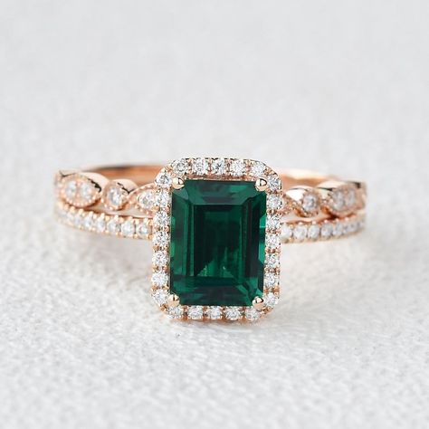 Emerald And Moissanite Ring, Emerald Engagement Ring And Wedding Band Set, Emerald And Rose Gold Ring, Green Emerald Engagement Ring With Band, Real Emerald Engagement Ring, Engagement Ring Emerald Green, Square Cut Emerald Wedding Ring, Gold And Emerald Wedding Ring, Emerald Cut Emerald Engagement Ring