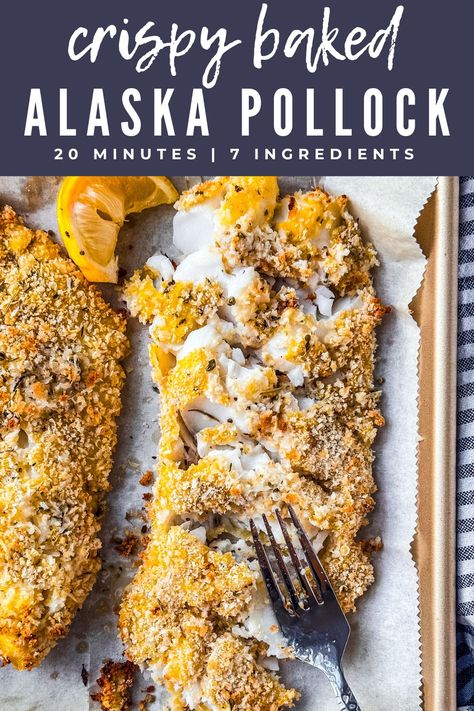 20 minutes and 7 simple ingredients is all you need to get this lemony golden crisp baked Alaska pollock recipe on the table.  #pollock #alaskapollock #fishrecipe #easydinner #20minutemeal #pescatarian Crispy Baked Fish Recipes, Alaska Pollock Fish Recipe, Alaskan Pollock Recipes Air Fryer, Alaskan Pollock Recipes Baked, Pollock Fish Recipes Air Fryer, Alaska Pollock Fillet Recipe, Frozen Pollock Fish Recipes, Baked Pollock Fish Recipes, Alaskan Pollock Recipes