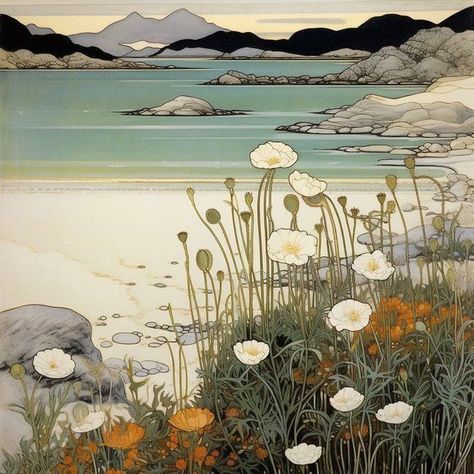 Art Nouveau Wall Mural, Wall Fresco, Art Nouveau Nature, Scotland Painting, Art Nouveau Painting, Art Deco Landscape, Scottish Coast, Colourful Landscape, Scotland Art