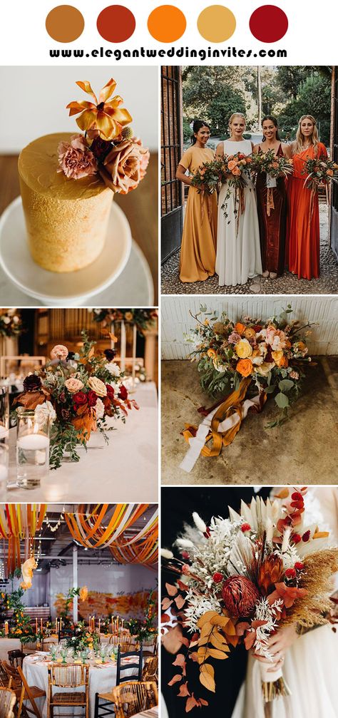 Fall Wedding Red And Orange, Mustard Yellow And Burgundy Wedding, Fall Wedding Mustard Yellow, Yellow And Rust Wedding, Rust And Mustard Wedding, Red And Yellow Wedding Colors, Marigold And Rust Wedding, Orange Yellow Wedding Decor, Fall Wedding Colors August