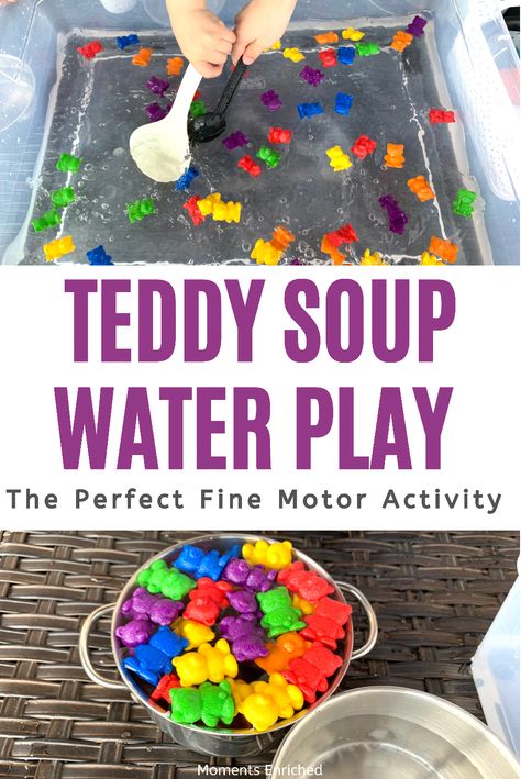 This quick and easy activity will keep your child entertained for ages! It can be done outside in the sunshine or taken inside when the weather is less than ideal. Grab whatever tools you have at home and let your littles work their fine motor muscles by making teddy soup over and over again! Check it out here! #sensorybin #sensoryplay #imaginativeplay #invitationtoplay #openendedplay #finemotorskills #finemotoractivity #playathome #preschoolactivity #preschoolathome #waterplay Bear Hunt Sensory Bin, After Nap Activities Preschool, Teddy Bear Fine Motor Activities, Bear Art Activities For Preschoolers, Toddler Bear Activities, Teddy Bear Sensory Bin, Bear Activities Eyfs, Teddy Bears Picnic Activities, Pudsey Bear Activities Eyfs