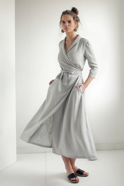 757f843a169cc678064d9530d12a1881desc50981774ri Grey Wrap Dress, Dress Shawl, Natural Linen Dress, Linen Shawl, Linen Wrap Dress, Dress With Shawl, Long Linen Dress, Versatile Outfits, Dress With Belt