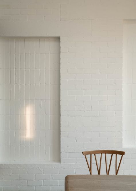 Alder Brisco, Nick Dearden - Building Narratives · Creer House · Divisare Kitchen Brick Wall, Concrete Lintels, Painted Brick Wall, Brick Extension, Painted Brick Walls, Ikea Hack Kitchen, Brick Kitchen, Plywood Cabinets, Wood Knobs