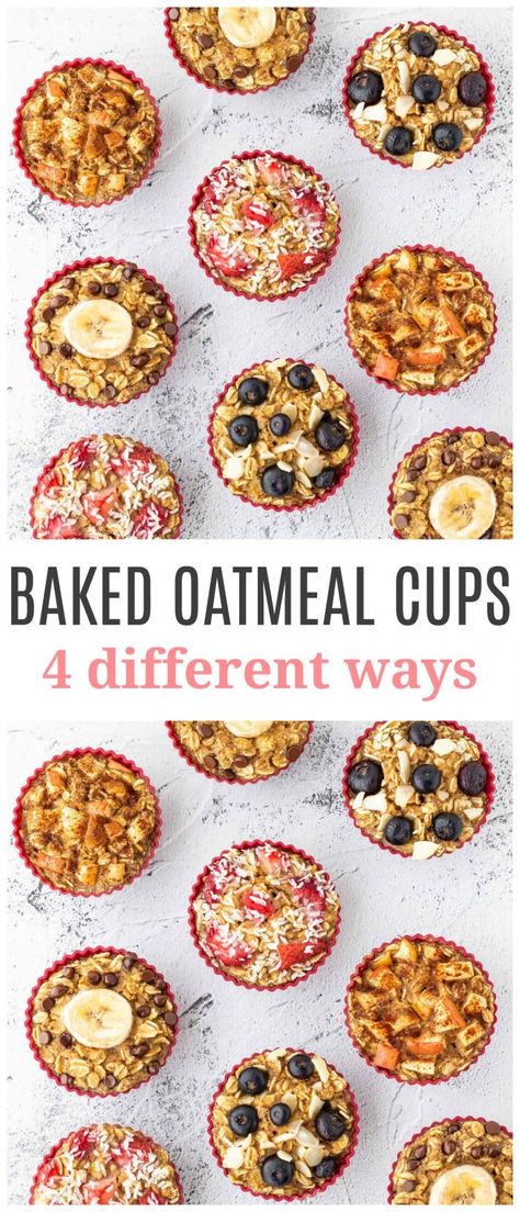 These healthy oatmeal muffins are a fun and easy make-ahead breakfast option that are flourless and totally customizable! Try out the four different flavours provided or add your own unique spin! Best baked oatmeal cups ever! #glutenfree #dairyfree #vegetarian #oatmealmuffins #bakedoatmealcups #makeaheadbreakfast #healthybreakfast #oatmeal Best Baked Oatmeal, Baked Oatmeal Recipes Breakfast, Oatmeal Muffins Healthy, Baked Pumpkin Oatmeal, Oatmeal Flavors, No Bake Oatmeal Bars, Banana Baked Oatmeal, Banana Oatmeal Muffins, Healthy Oatmeal Recipes