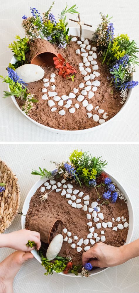 Easter Garden Crafts For Kids, Easter Garden Ideas Kids, Nature Easter Activities, Easter Garden Ideas, Mini Easter Garden, Easter Garden Craft, Easter Resurrection Garden, Easter Sensory, Forest School Easter Activities