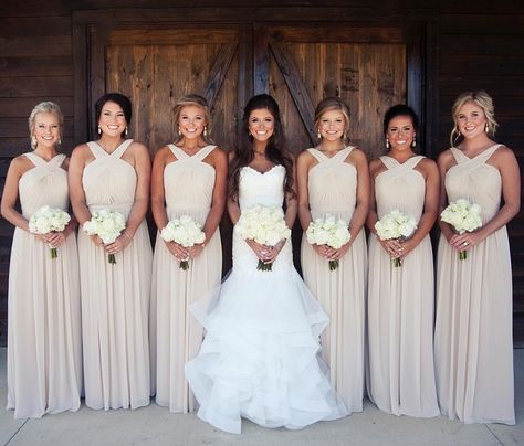 Vanilla colored bridesmaid dresses + white wedding bouquets #bridesmaids #neutralbridesmaids Women Standing, How To Dress For A Wedding, Bridesmaid Dresses Under 100, Bridesmaid Dresses Long Chiffon, Bridesmaids Photos, Cheap Bridesmaid, Entertainment Center Decor, Cheap Bridesmaid Dresses, Disney Wedding