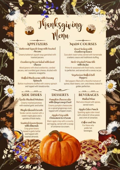 Thanksgiving Menu Ideas Printable Template | PosterMyWall Thanksgiving Menu Printable, Thanksgiving Menu Template, Prime Rib Seasoning, Thanksgiving Templates, Printable Menu Template, Thanksgiving Menu Ideas, Pecan Salad, Appetizer Menu, Roasted Pecans