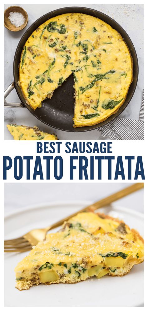 This fluffy potato frittata with sausage, tender potatoes, parmesan and spinach is the perfect 25-minute brunch recipe. The crispy edges from the skillet and hints of spicy mustard just take it over the top! You can even mix goat cheese into the mixture for some creamy tang in every bite. #breakfastidea #brunchrecipe #mothersday #easterbrunch #frittata #sausagerecipes #potatofrittata Frittata With Potatoes, Sausage Frittata Recipes, Potato Frittata Recipes Baked, Frittata Recipes Potato, Sausage Potato Frittata, Bacon Potato Frittata, Spinach Potato Frittata, Potatoes Parmesan, Sweet Potato Breakfast Fritatta