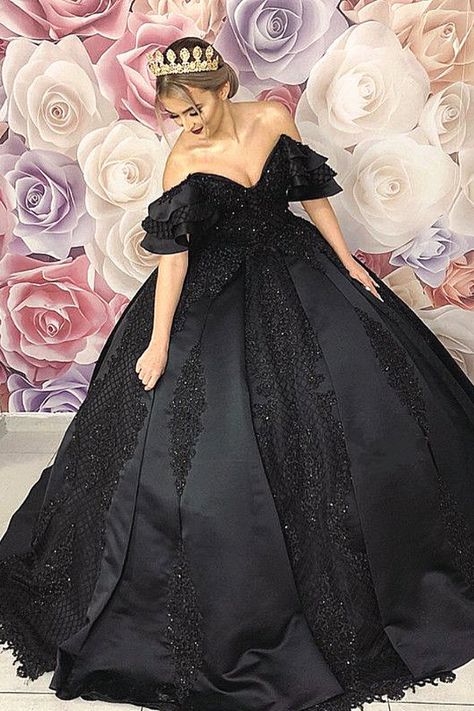 One elegant ball gown looks ideal for the bride-to-be. In my opinion, this completes a grand ceremony. Save this to your ball gown ideas. Black Ball Dresses, Black Ball Gown Wedding Dress, Wedding Dresses Ruffles, Satin Ball Gown Wedding Dress, Purple Ball Gown, Dresses Ruffles, Court Train Wedding Dress, Black Ball Gown, Satin Ball Gown