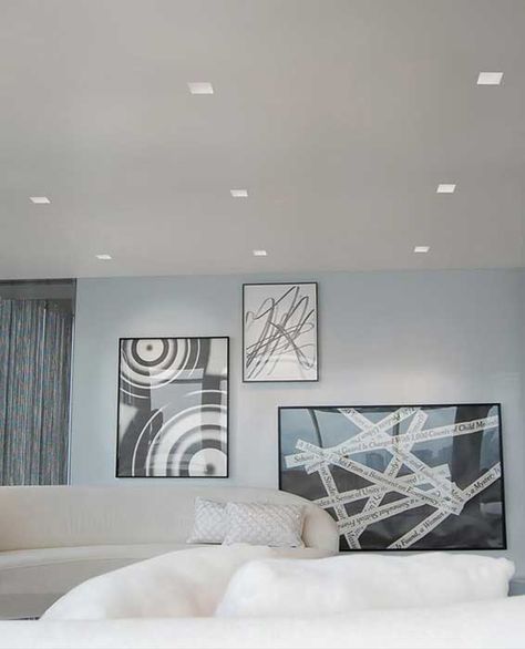 Installation Gallery | Bedroom Lighting Downlights Living Room, Recessed Lighting Living Room, Square Recessed Lighting, Vaulted Ceiling Lighting, Drywall Construction, Recess Lighting, Living Room Light Fixtures, Pendant Lighting Bedroom, Pot Lights