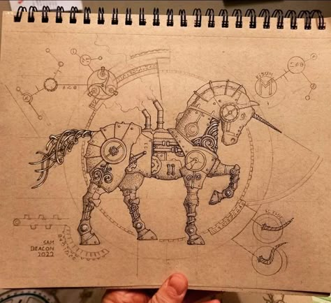 Steampunk Art Drawing, Steampunk Horse, Fantasy Journal, Mechanical Animals, Steampunk Artwork, Unicorn Drawing, Arte Peculiar, Dragon Sketch, Horse Tattoo