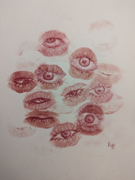 Lip Print Drawing, Eye Lips Drawing, Lip Eye Drawing, Lips Sewn Shut Drawing, Lipstick Eyes Drawing, Lipstick Stain Drawing, Drawing With Lipstick, Eye Flower Drawing, Colored Pencil Eye