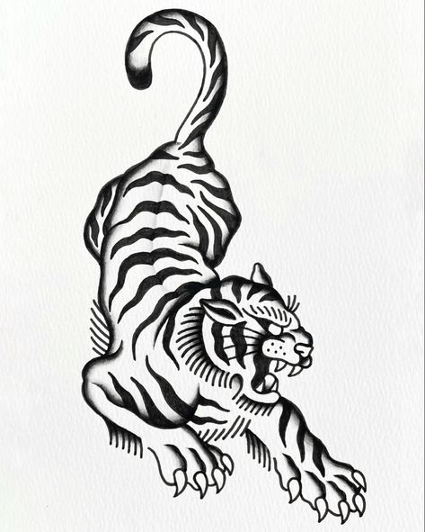 Tattoo Stencils Blackwork, Traditional Style Tiger Tattoo, American Traditional Tiger Tattoo Black, American Trad Animal Tattoo, Animal Tattoos Traditional, Traditional Tiger Tattoo Black, Tiger American Traditional Tattoo, Tiger Flash Tattoo, Trad Tiger Tattoo