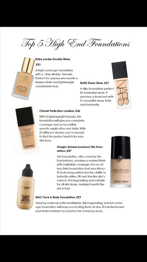 My top 5 high end foundations Best High End Foundation, High End Foundation, Shades Of Foundation, High End Makeup Products, Best High End Makeup, Sephora Foundation, Top Foundations, Nars Foundation, Nars Sheer Glow