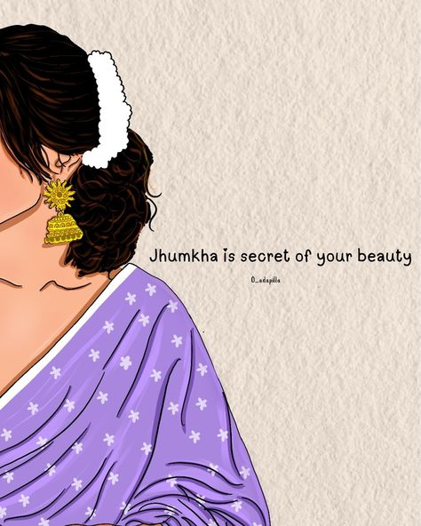 Jhumka is secret of your beauty ❤️ . . Art by @o_adapilla Follow for more 🫶 . . #loveyourself #ilustration #india #explore #art #artoftheday #girlthings #jhumka #jhumkas #illustrationartists #saree #sareelover #quotes #o_adapilla Jhumka Quotes, Saree Quotes, Aesthetic Codes, Life Cartoon, Floral Quotes, Acrylic Painting Inspiration, Girls Things, Aesthetic Captions, Wallpaper Sky