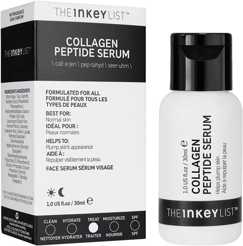 A serum that works to make the skin appear plumper and firmer, to help reduce the appearance of fine lines and wrinkles. This smoothing and hydrating serum mimics the effect of what natural collagen would do to your skin, helping it appear plumper and firmer. After cleansing, Hyaluronic Acid if you are using it and toning, apply a pea-sized amount and pat into the to face and neck. Follow with other serums, moisturzer or oils if preferred. What Is Collagen, The Inkey List, Niacinamide Serum, Inkey List, Skin Care Salon, Buy Skincare, Collagen Booster, Dermatological Skin Care, Peptide Serum