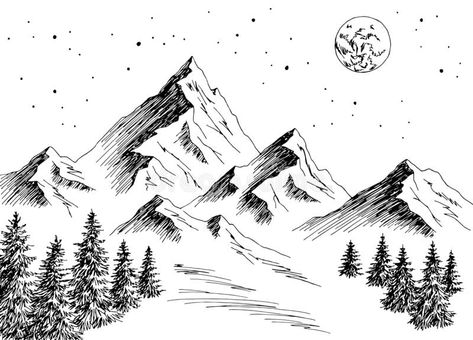 Black White Landscape, Mountain Night, Mountain Sketch, Landscape Pencil Drawings, Landscape Clipart, Forest Drawing, Bob Ross Paintings, Nature Art Drawings, Mountain Drawing