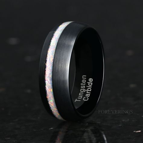 Black Opal Wedding Band, Black Tungsten Mens Rings, Opal Wedding Band, Groom Ring, Wedding Bands For Him, Black Opal Ring, Mens Wedding Bands Tungsten, White Opal Ring, Black Tungsten Rings